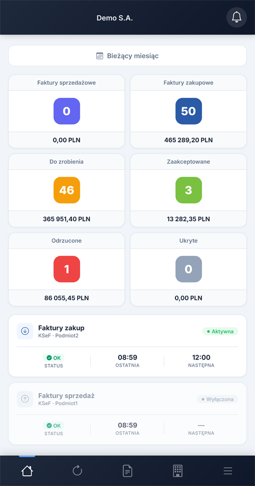 Aplikacja mobilna Ewidencja Faktur — dashboard