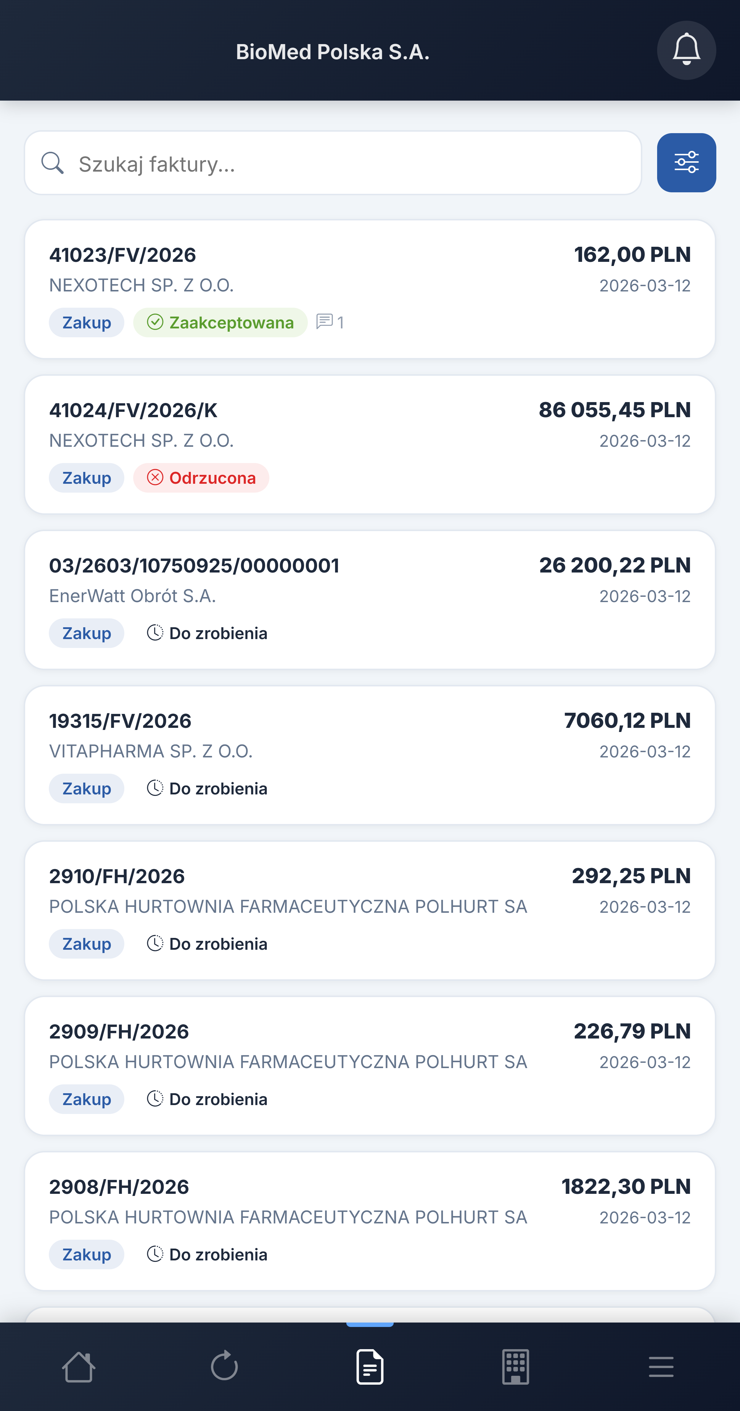 Aplikacja mobilna Ewidencja Faktur — lista faktur KSeF