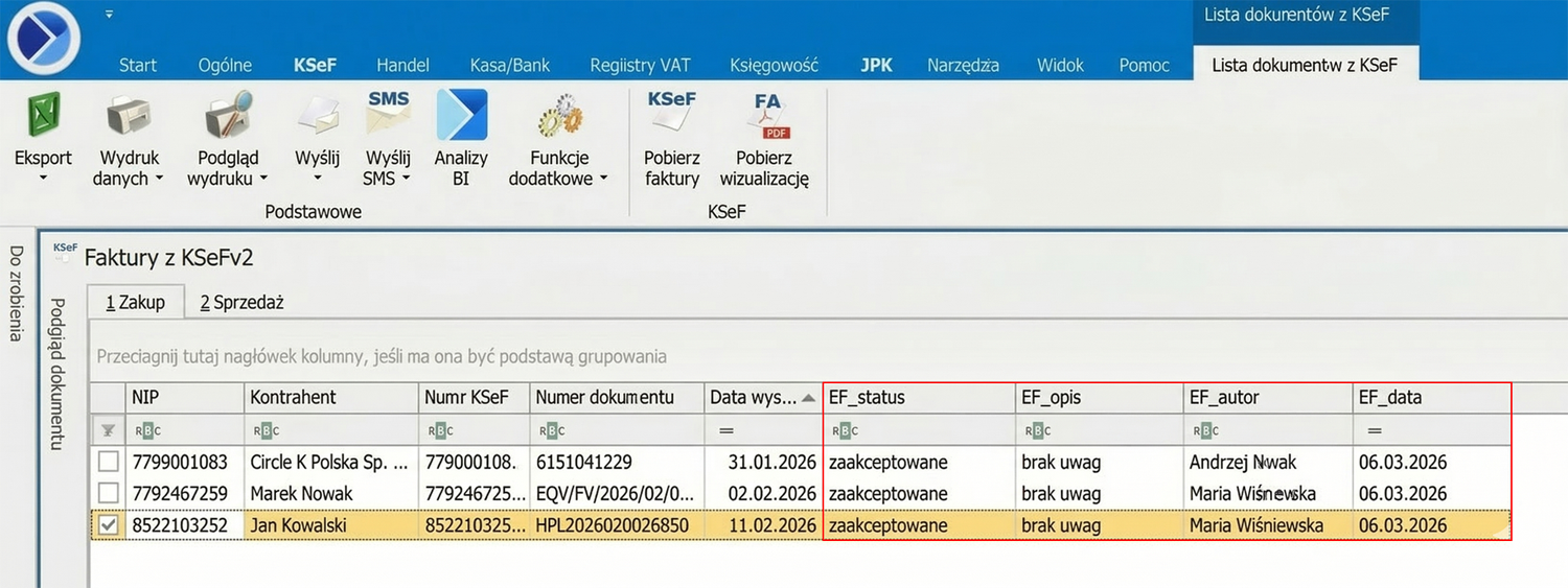 Comarch ERP Optima — rejestr VAT z kolumnami akceptacji z Ewidencji Faktur