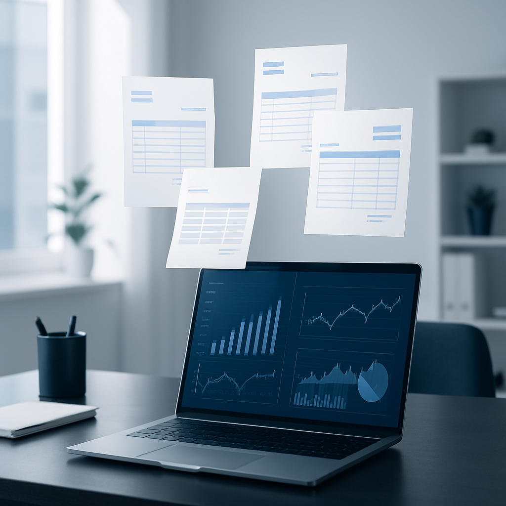 Nowoczesne biuro z eleganckim biurkiem, laptopem wyświetlającym dane finansowe i unoszącymi się fakturami cyfrowymi, symbolizującymi automatyzację finansów
