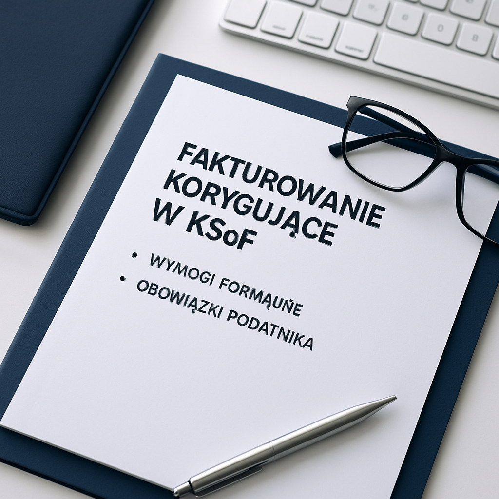 Osoba analizująca zasady wystawiania faktur korygujących w KSeF, z dokumentami oraz laptopem na biurku