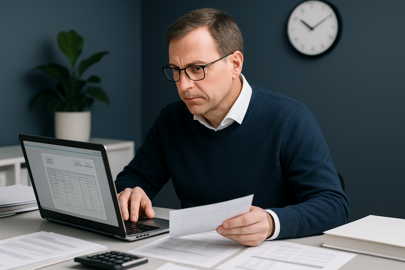 A modern office setting featuring an accountant reviewing digital invoices on a laptop, surrounded by organized paperwork and financial documents. Soft lighting and a color palette of navy blue and white create a professional atmosphere. The accounta