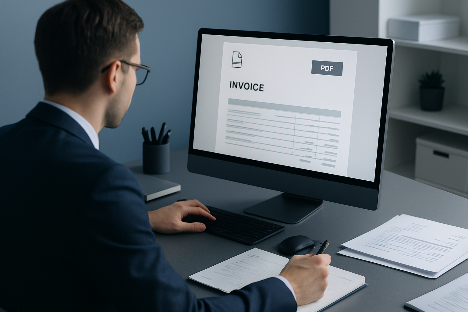 Księgowy analizujący faktury na komputerze z wizualizacją PDF, w nowoczesnym biurze z minimalistycznym wystrojem