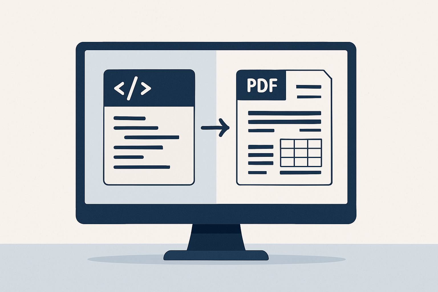 Minimalistyczna ilustracja przedstawiająca proces wizualizacji faktury ustrukturyzowanej KSeF, komputer z plikiem XML i fakturą PDF