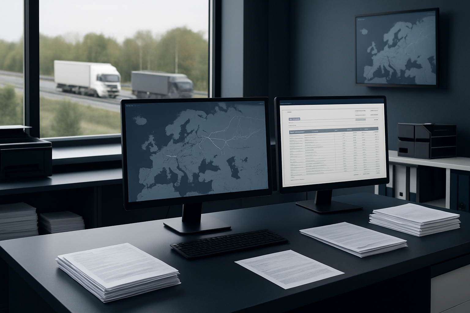 Biuro logistyczne z dokumentami transportowymi i monitorami z trasami przewozów.