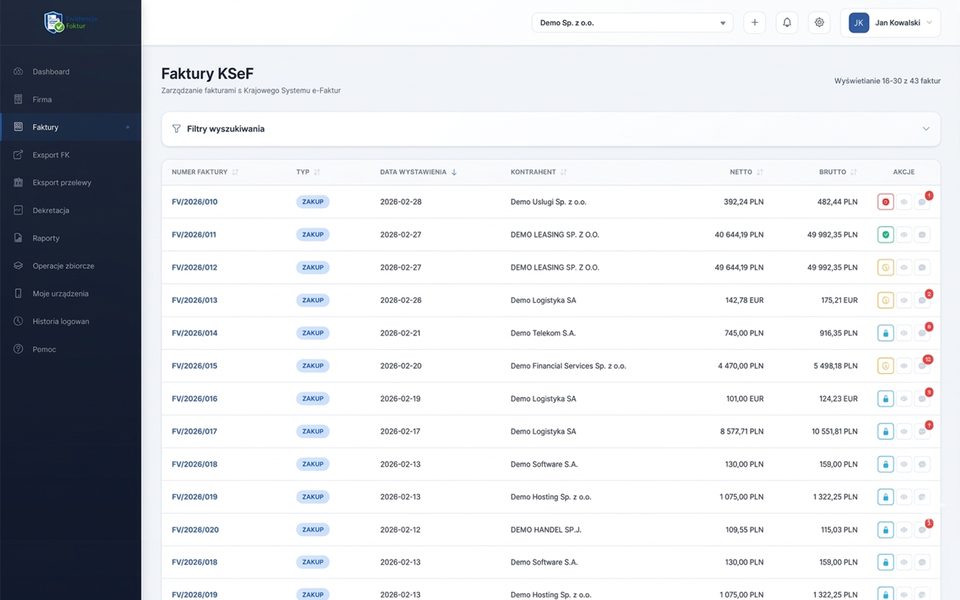 Dashboard Ewidencji Faktur